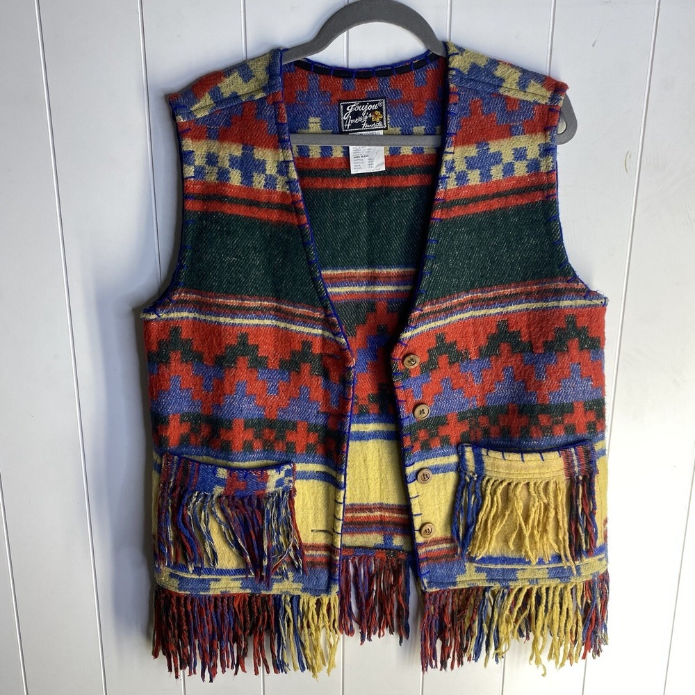 VTG Joujou Women Vest Red Multi colored Fringe Western Boho L Wool Button up Cow
